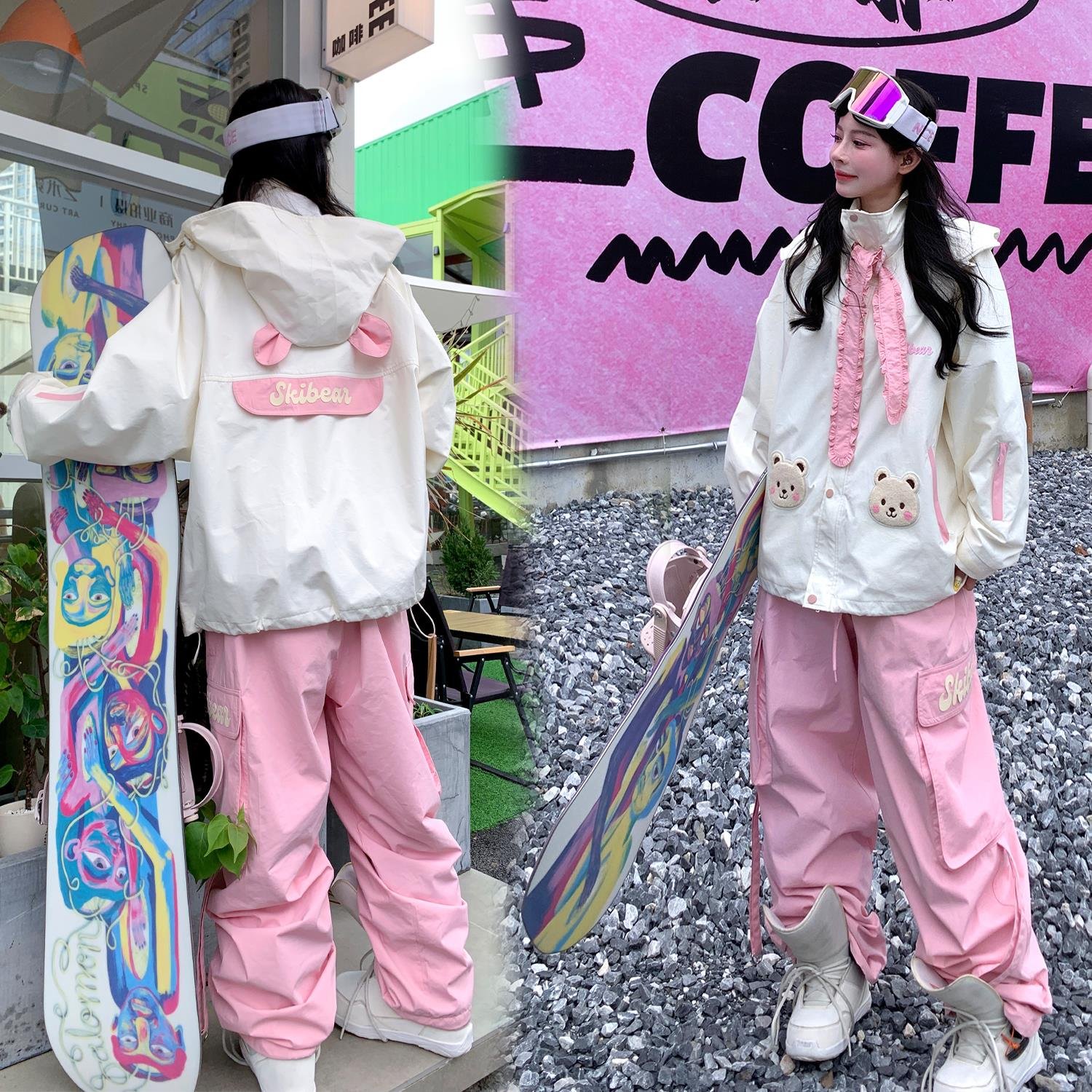 Skibear's original ski suit was a pink 3L-pressure, water-heating, wind-proof, two-board, water-resistant ski pants