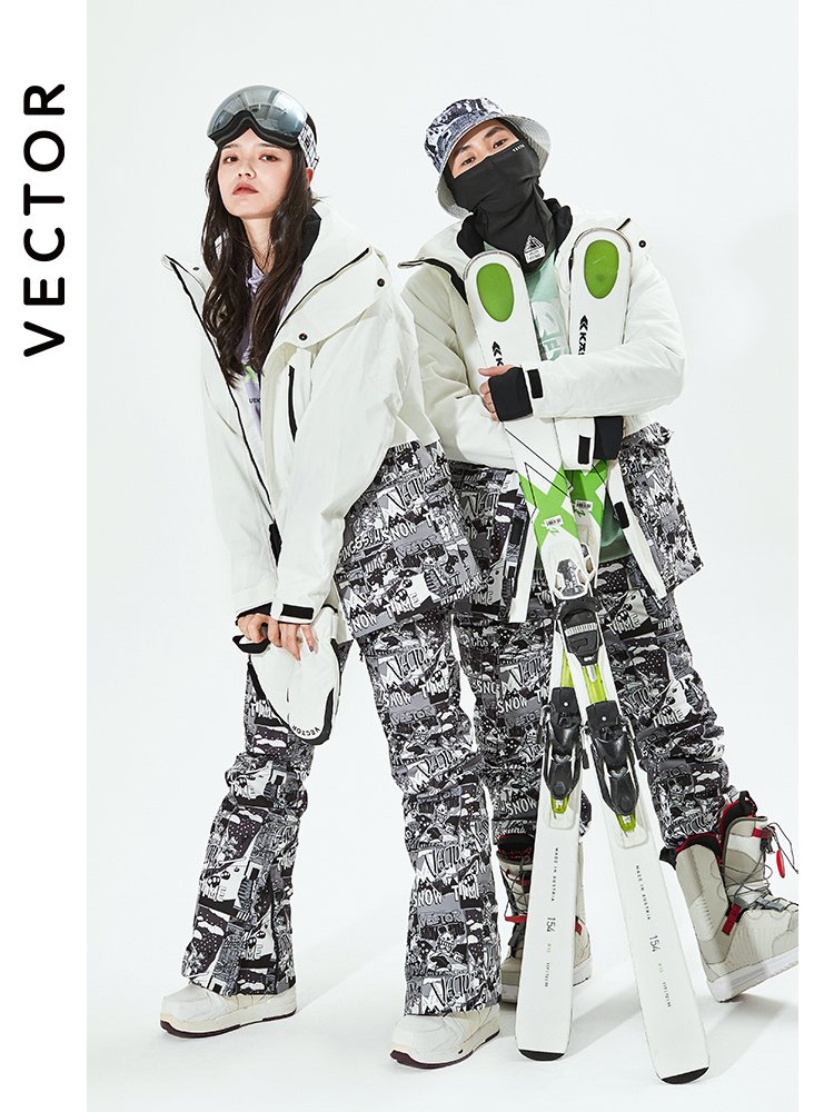THE VECTOR SKI SUIT FOR WOMEN WHO ARE WARM AND WATERPROOF, AND THE MAN WHO IS SKIING IN THE SKATING SUIT, DOUBLE-BOARD SKIING EQUIPMENT