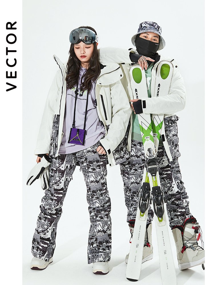 THE VECTOR SKI SUIT FOR WOMEN WHO ARE WARM AND WATERPROOF, AND THE MAN WHO IS SKIING IN THE SKATING SUIT, DOUBLE-BOARD SKIING EQUIPMENT