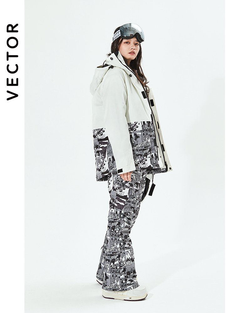THE VECTOR SKI SUIT FOR WOMEN WHO ARE WARM AND WATERPROOF, AND THE MAN WHO IS SKIING IN THE SKATING SUIT, DOUBLE-BOARD SKIING EQUIPMENT