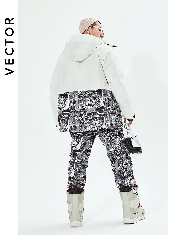 THE VECTOR SKI SUIT FOR WOMEN WHO ARE WARM AND WATERPROOF, AND THE MAN WHO IS SKIING IN THE SKATING SUIT, DOUBLE-BOARD SKIING EQUIPMENT
