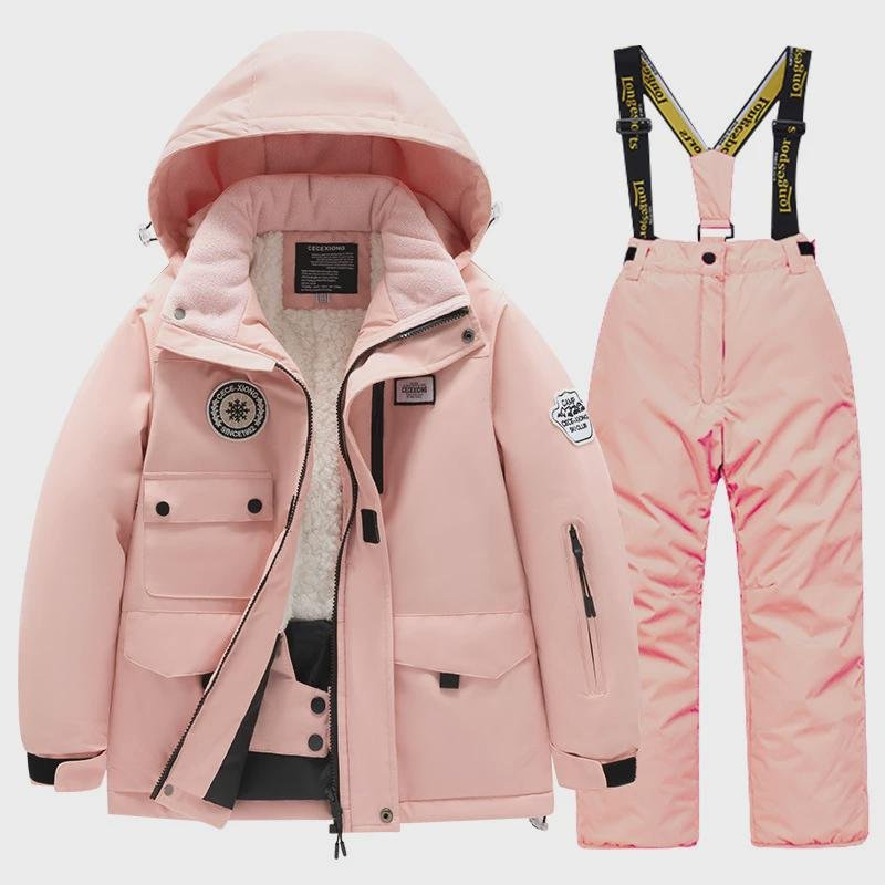 Winter ski suits for boys and girls with wind and water-proof coats and a full set of professional equipment for warm and warm snow