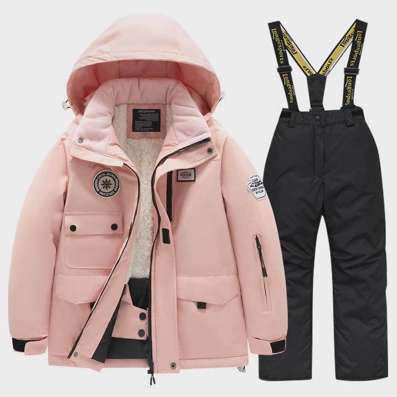Winter ski suits for boys and girls with wind and water-proof coats and a full set of professional equipment for warm and warm snow