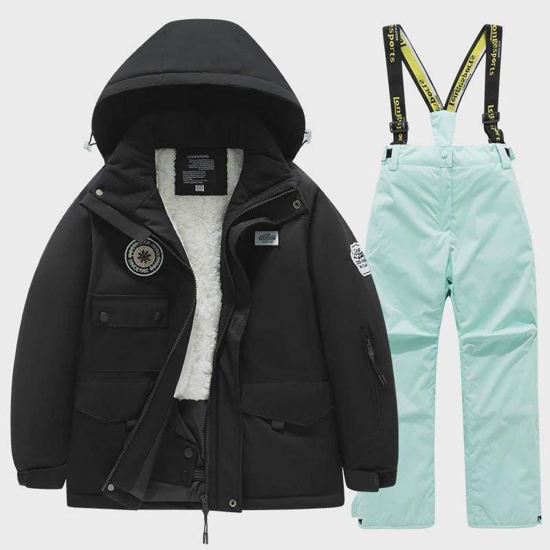 Winter ski suits for boys and girls with wind and water-proof coats and a full set of professional equipment for warm and warm snow