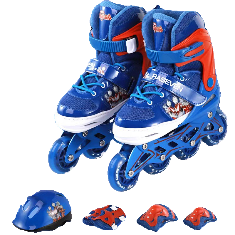 Genuine authorized Ultraman Children's skate can adjust the glittering of the first -row row wheel skate dry ice shoe set