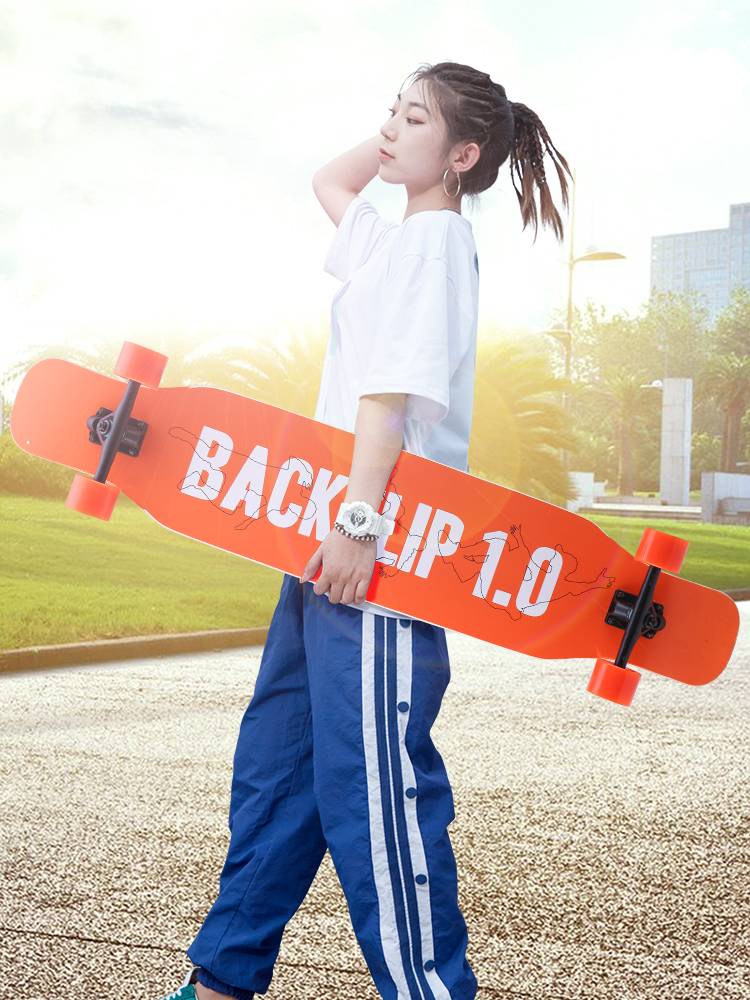 Longboard skateboard tremors the same man and woman who generate a young beginner brushing the street for four-wheeled roads