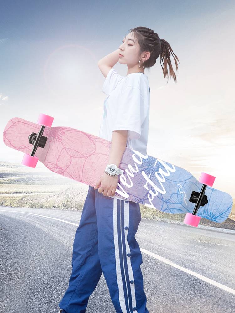 Longboard skateboard tremors the same man and woman who generate a young beginner brushing the street for four-wheeled roads