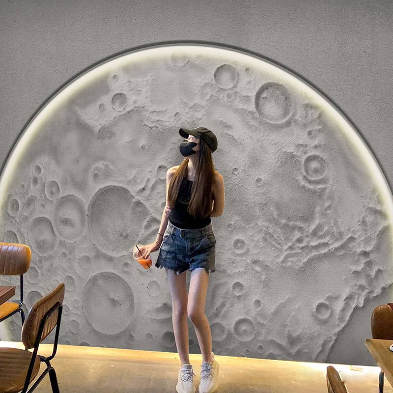 6D Industrial Wind Moon Carving Background Wall Coffee Coffee Restaurant Wallpaper Milk Tea Shop Wall Together 2023 New Net Red Restaurant