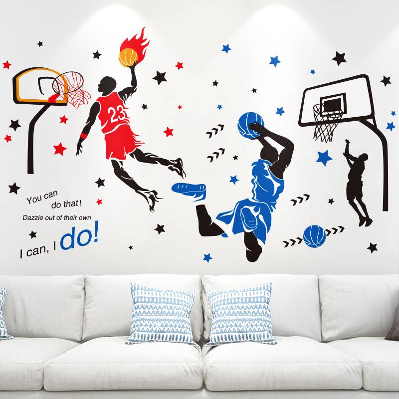 3D three -dimensional basketball bedroom decorative wallpaper dormitory self -stick college student arrangement wall sticker boy room sea newspaper