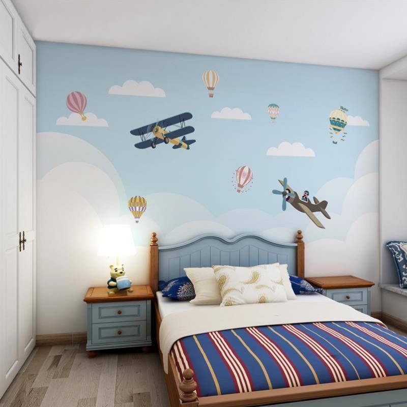 Cartoon aircraft hot air balloon wall boy room children's room wall cloth wallpaper environmentally friendly girl bedroom background mural