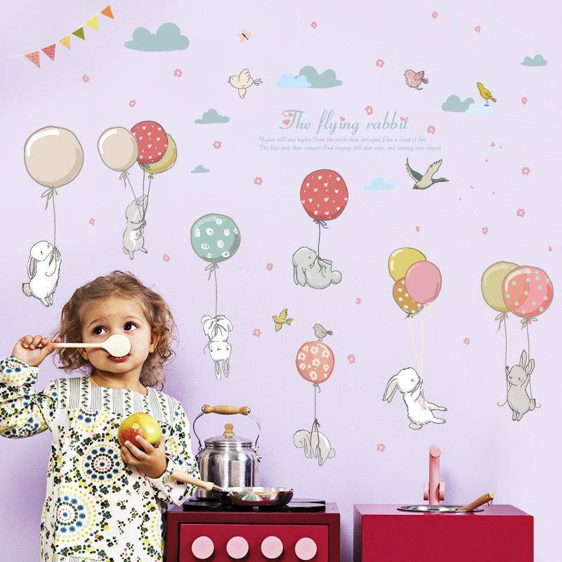 Cartoon balloon rabbit wallpaper self -stick children's room wall decoration wall sticker small pattern baby wall sticker painting
