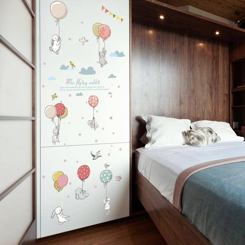 Cartoon balloon rabbit wallpaper self -stick children's room wall decoration wall sticker small pattern baby wall sticker painting