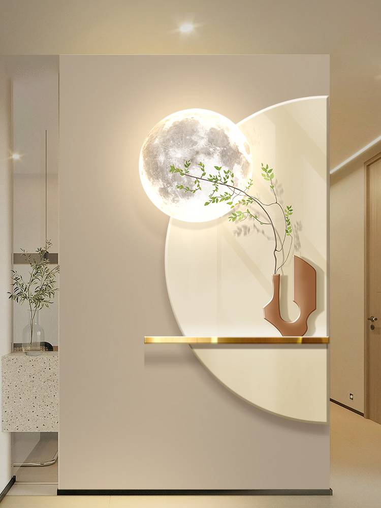 Small fresh porch decorative painting wall lamp cure corridor crossing the moon lamp, simple green plants light emitting mural