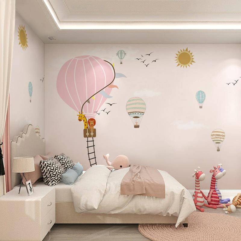 Children's room wallpaper girls Fantasy cloud hot air balloon bedroom bedside wallpaper cartoon pink background wall mural