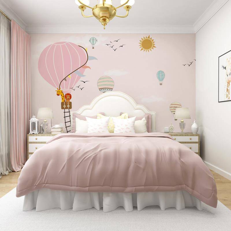 Children's room wallpaper girls Fantasy cloud hot air balloon bedroom bedside wallpaper cartoon pink background wall mural