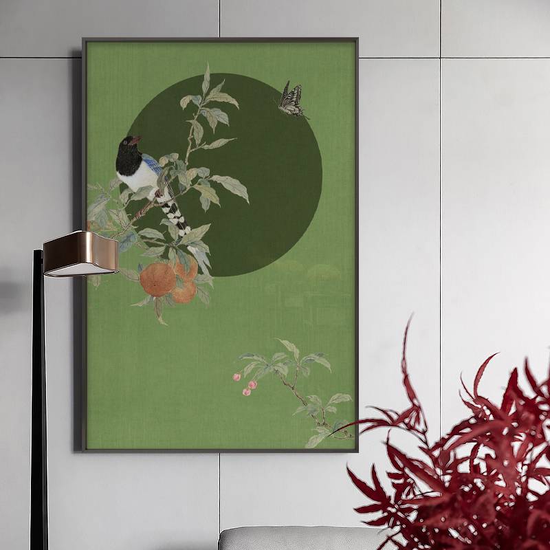 New Chinese -style flowers and birds decorative painting ink green classical hanging painting softened model house entry porch large -sized mural