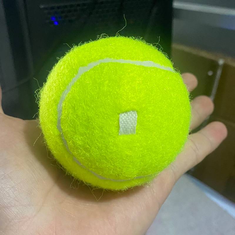 A fluorescent green tennis ball with a rope