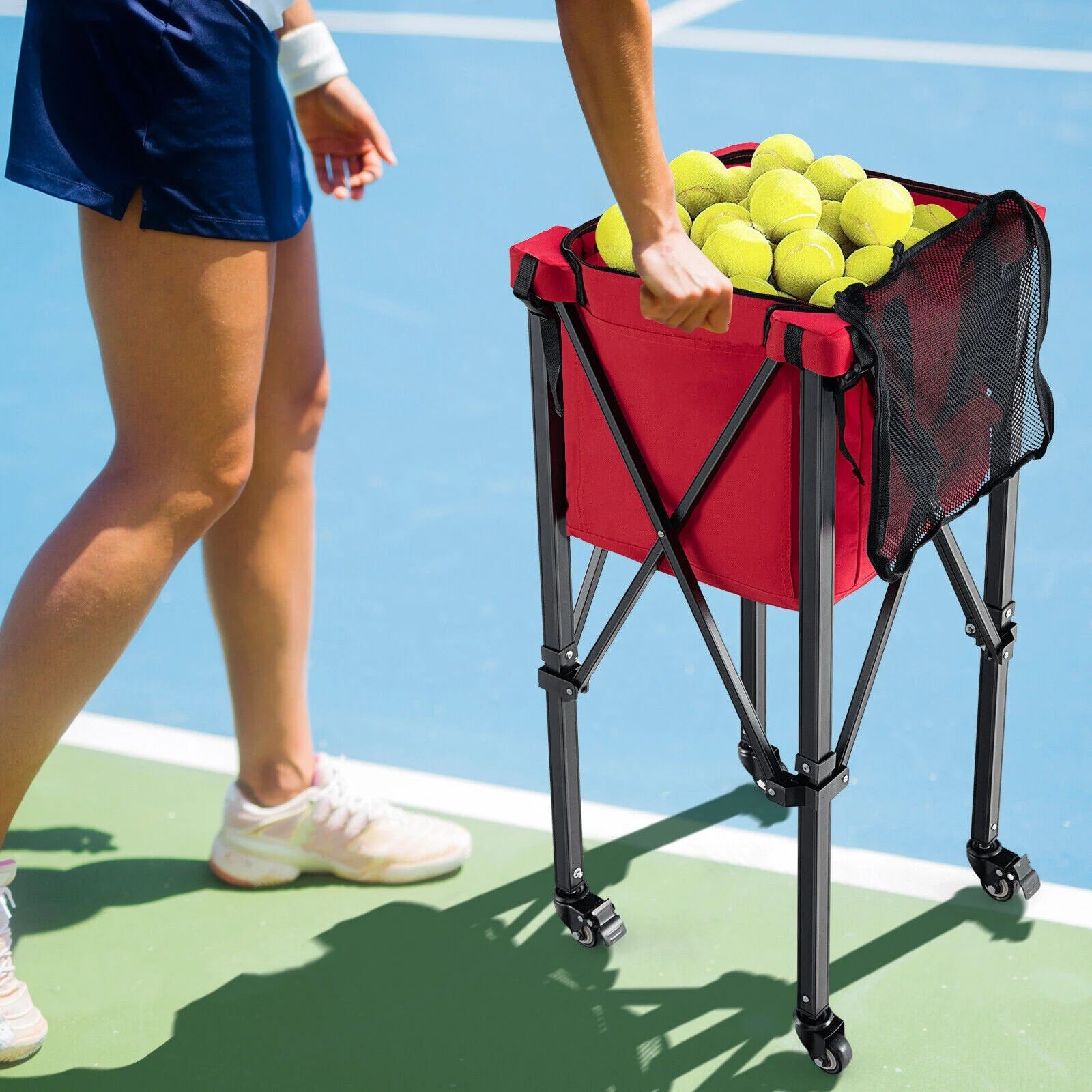 PD SPORT Folding Tennis Storage Basket Easy Carrying & Folding Large Storage Movable Trolley Tennis Ball basket Tennis Ball Cart