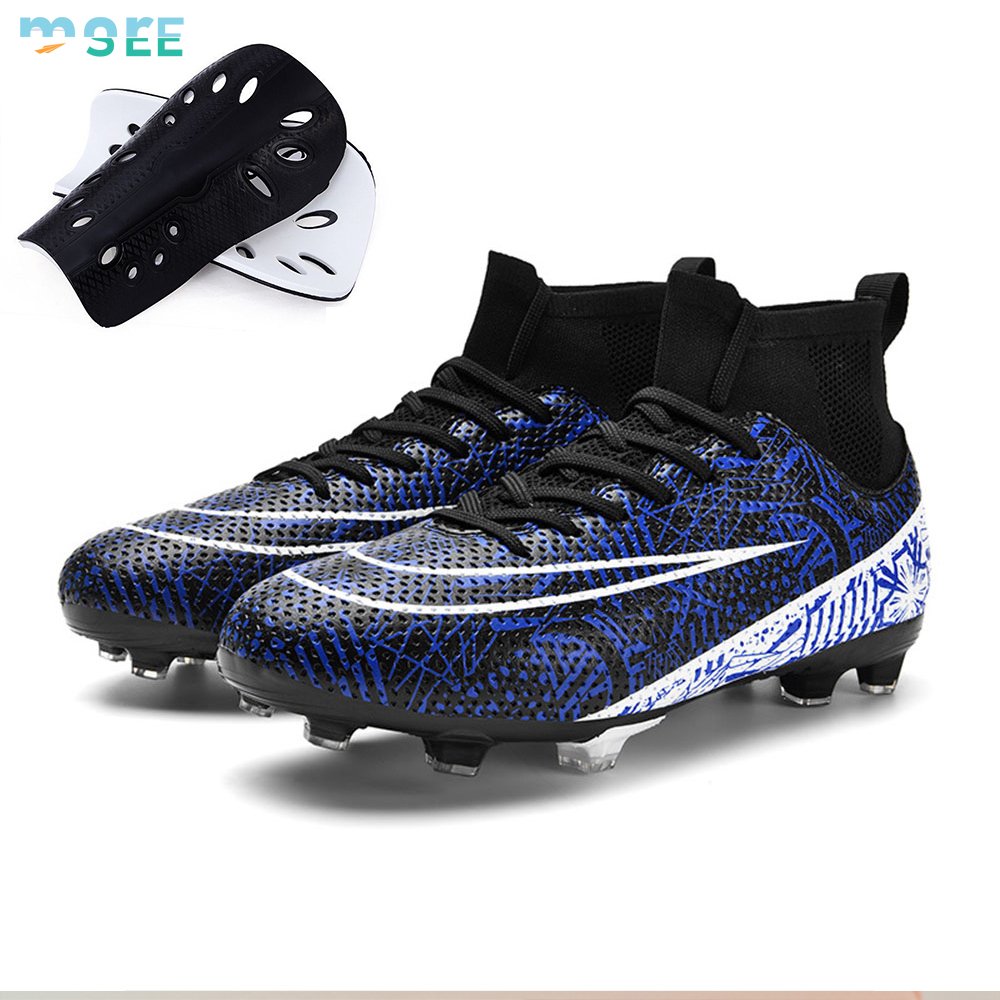 SeeMore Brand Outdoor Training Firm Ground Cleat Boys Kids Athletic Turf Shoes Soccer Cleats Kit With Shin Pads