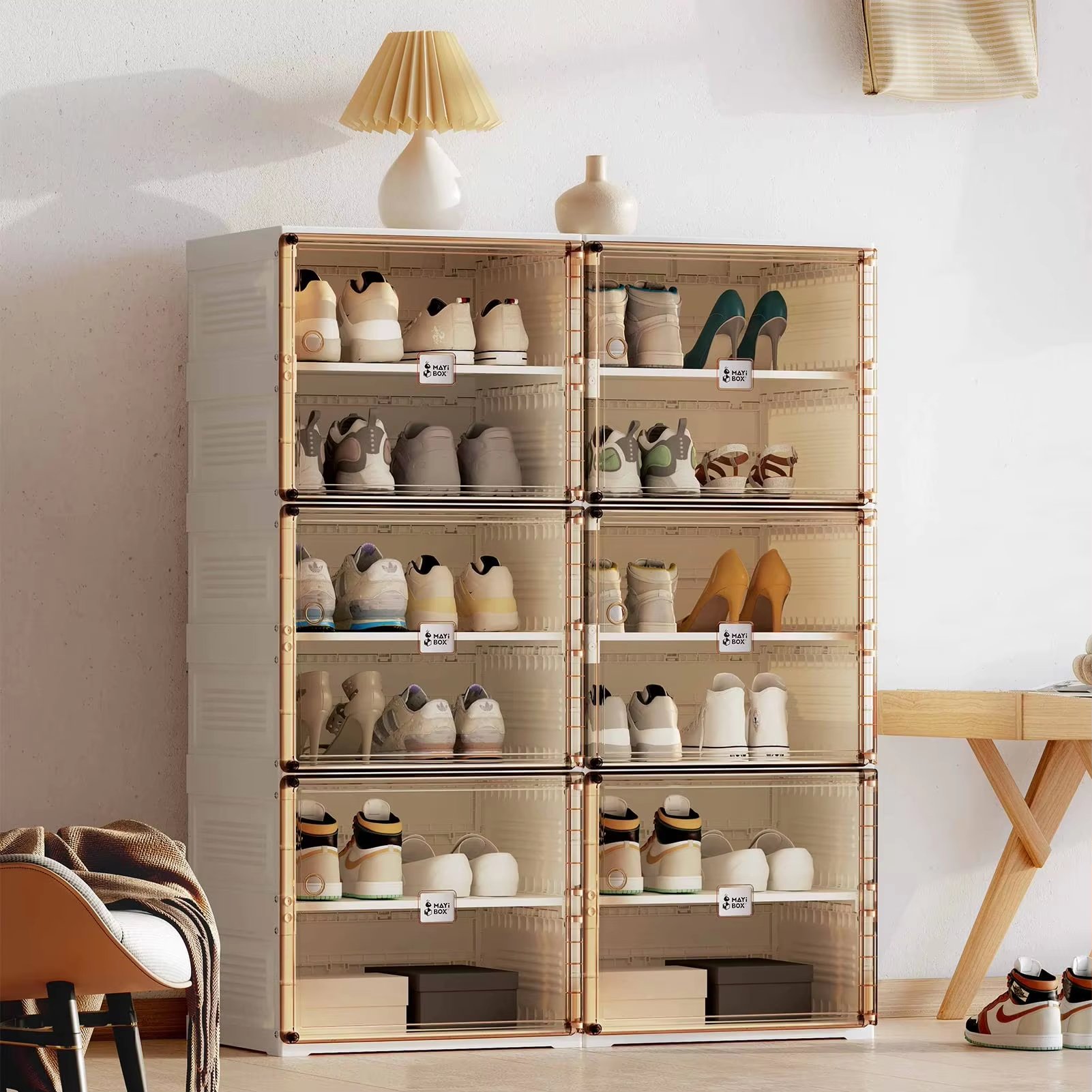 All-in-one Large Sneaker Cabinet Bins Boots Rack Organizer Luxury Folding Plastic Shoe Storage Box with Magnetic Clear Door