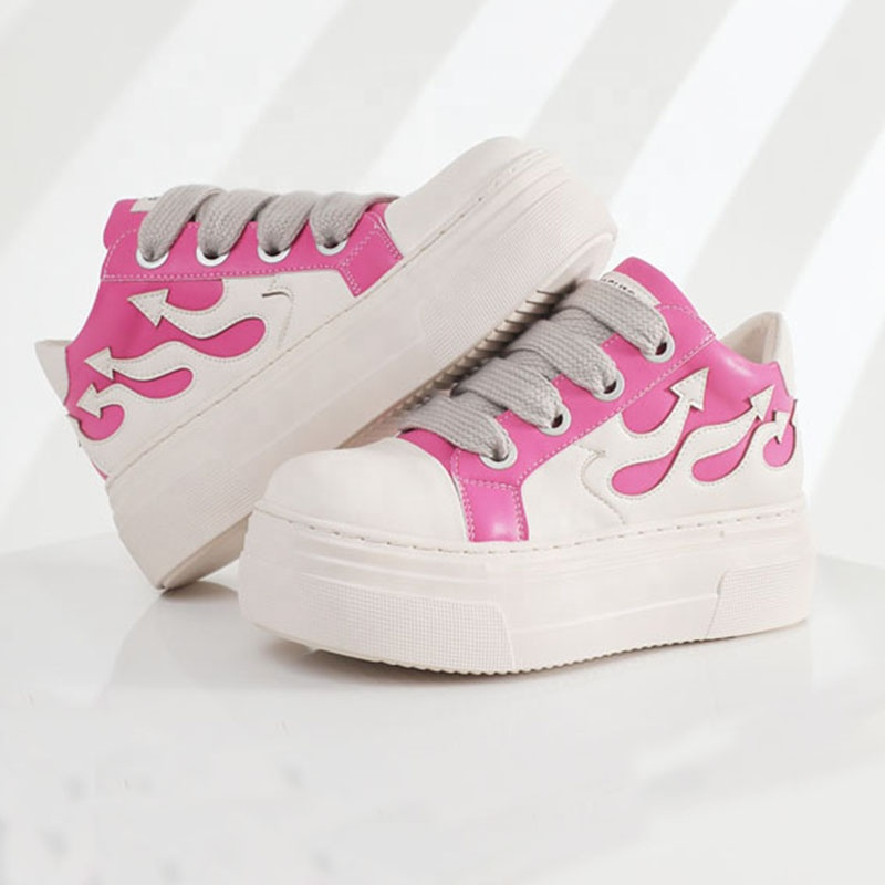 In Stock Hot Selling Casual Leather Shoes Thick Shoelaces Lace Up Pink Low Top Flame Sneakers Boots Women Shoes