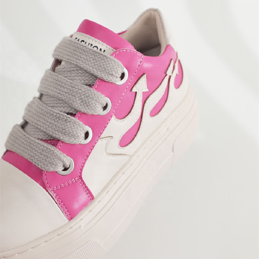 In Stock Hot Selling Casual Leather Shoes Thick Shoelaces Lace Up Pink Low Top Flame Sneakers Boots Women Shoes