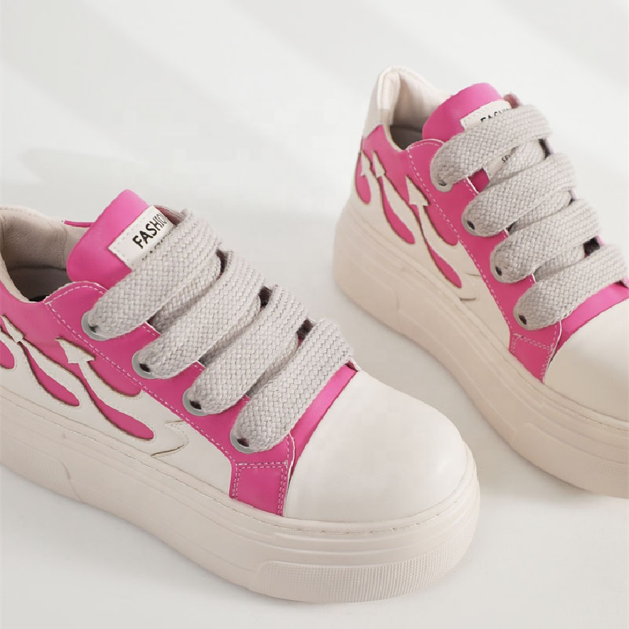 In Stock Hot Selling Casual Leather Shoes Thick Shoelaces Lace Up Pink Low Top Flame Sneakers Boots Women Shoes