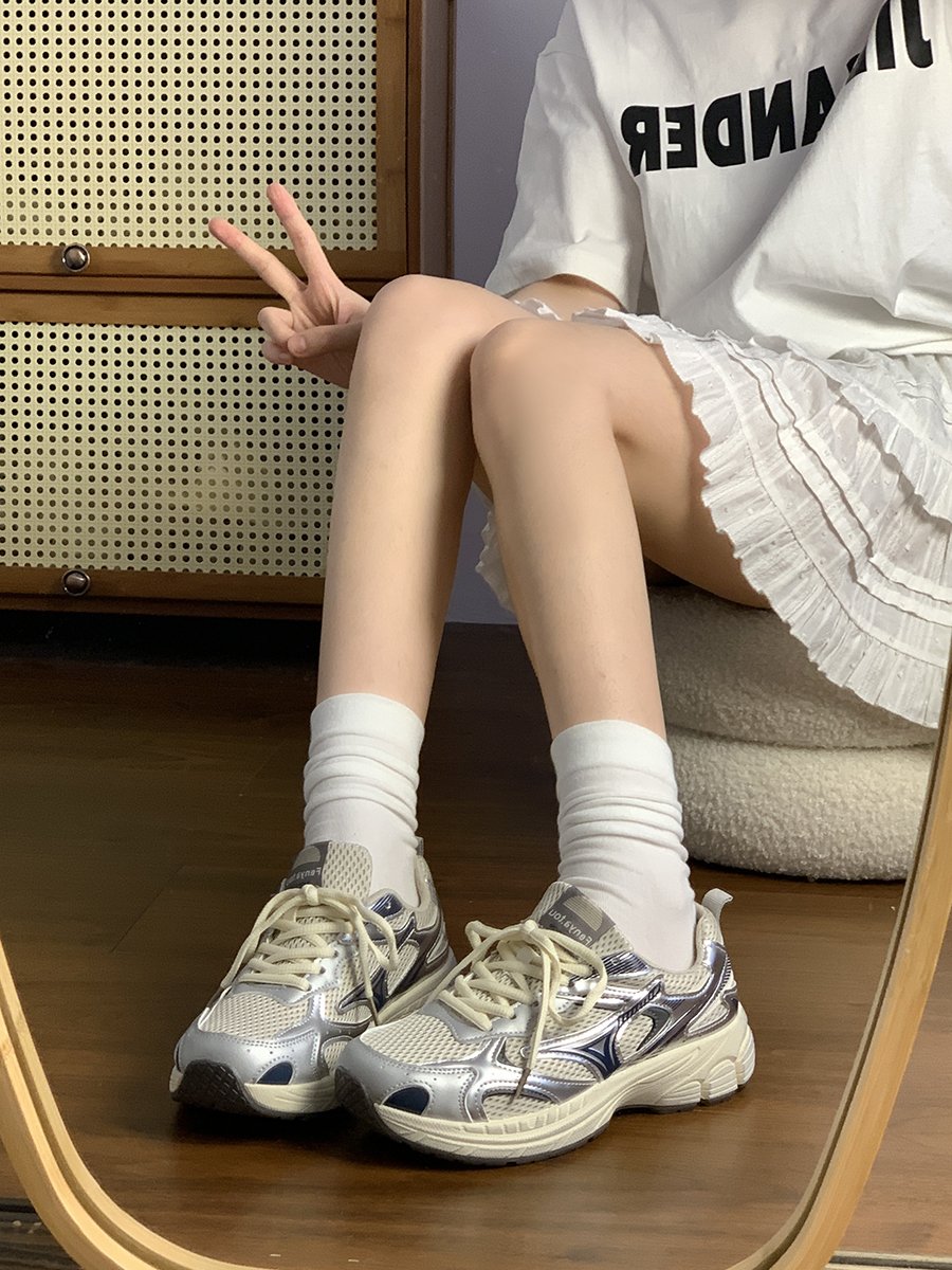 Silver Grey Net Sneaky Shoes 2024 Spring and Fall New Thick Bottoms minus Earthquake Retrospective Shoes jogging shoes