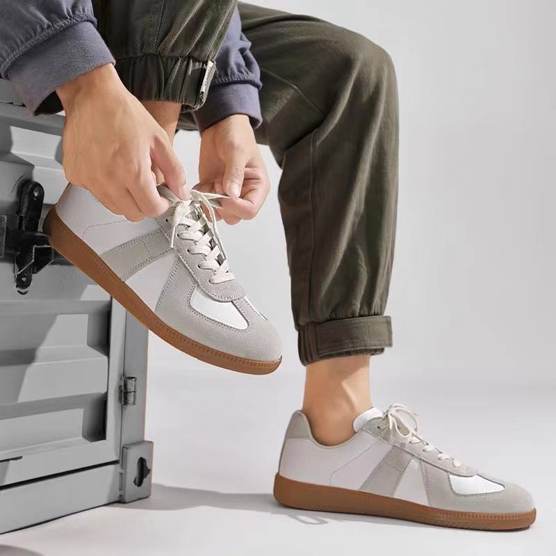 New workers training in retro-recreational sports with a pair of shoes and a pair of pedestals