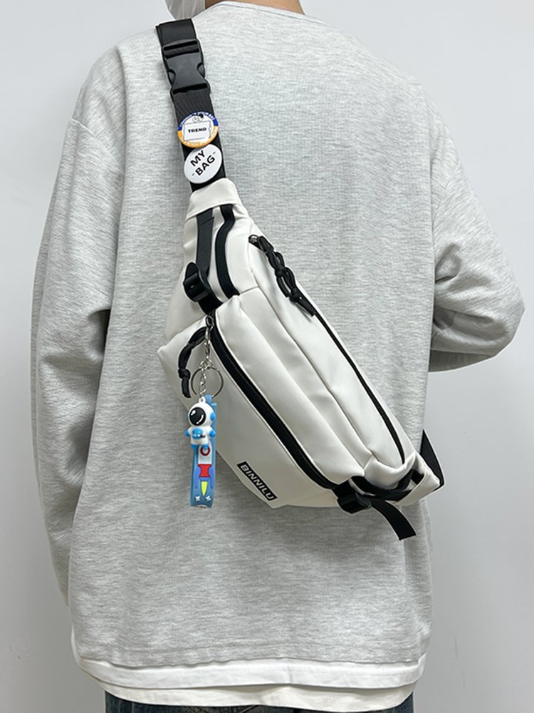 the pecs bag, the giddy sports student, has a one-shoulder bag, a tiara, and a slant backpack