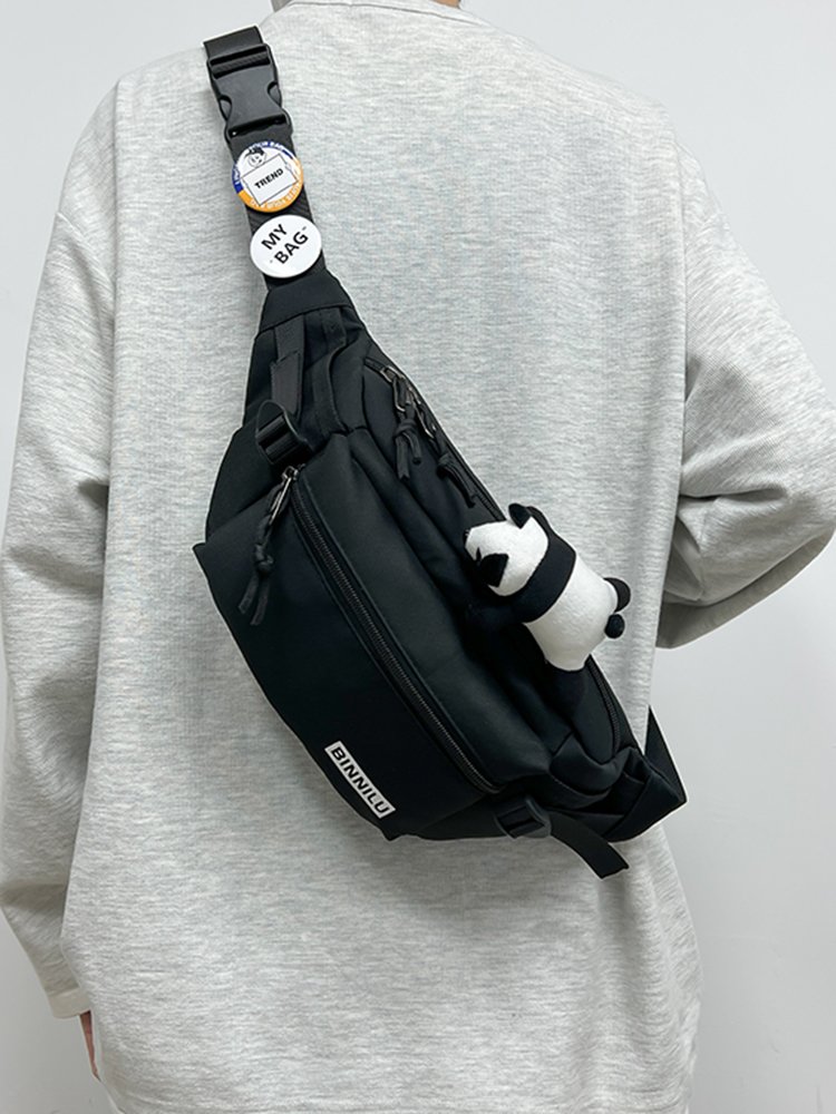 the pecs bag, the giddy sports student, has a one-shoulder bag, a tiara, and a slant backpack