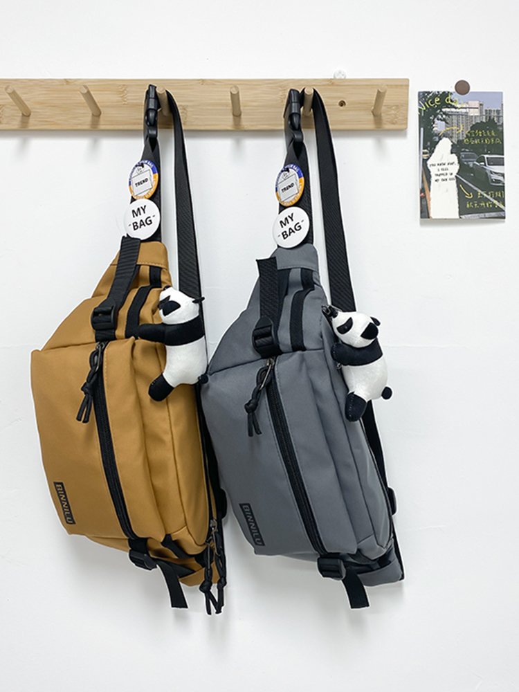 the pecs bag, the giddy sports student, has a one-shoulder bag, a tiara, and a slant backpack