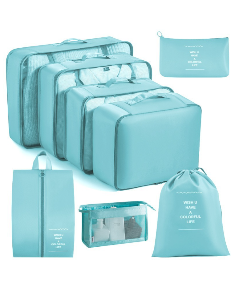 Travel bag for seven items of clothing and shoe bags with digital cosmetics