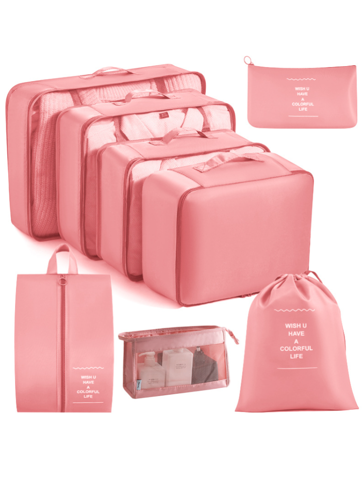 Travel bag for seven items of clothing and shoe bags with digital cosmetics