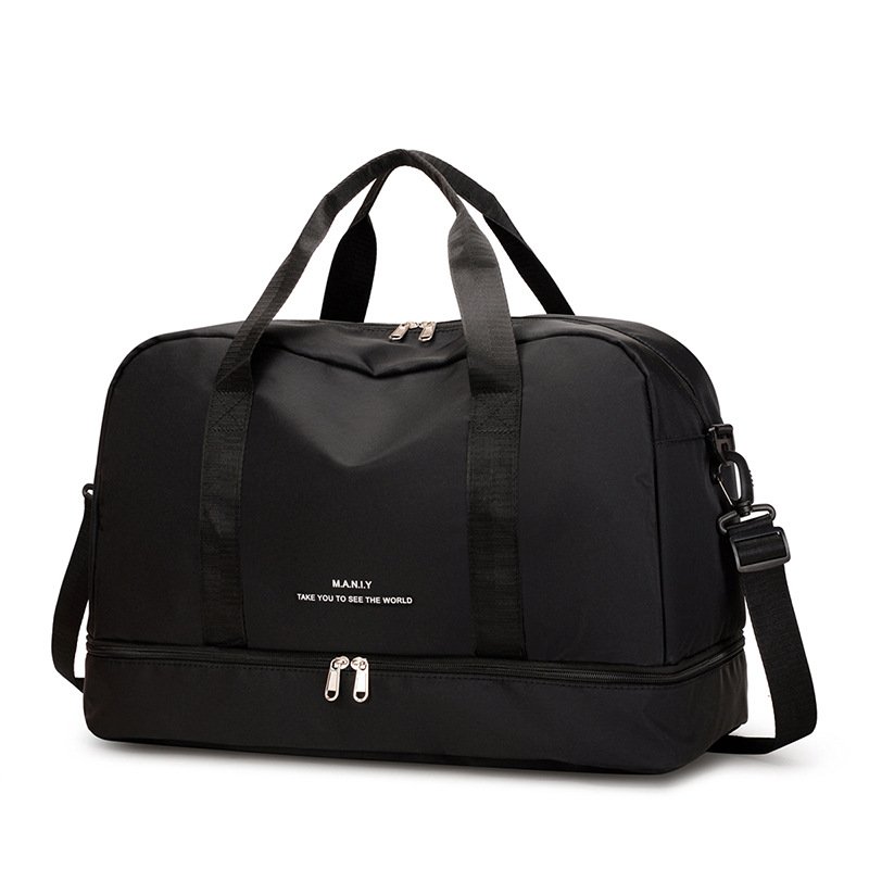 A girl with a big, wet, dry-segregated travel kit brings a man's sports bag of pure color