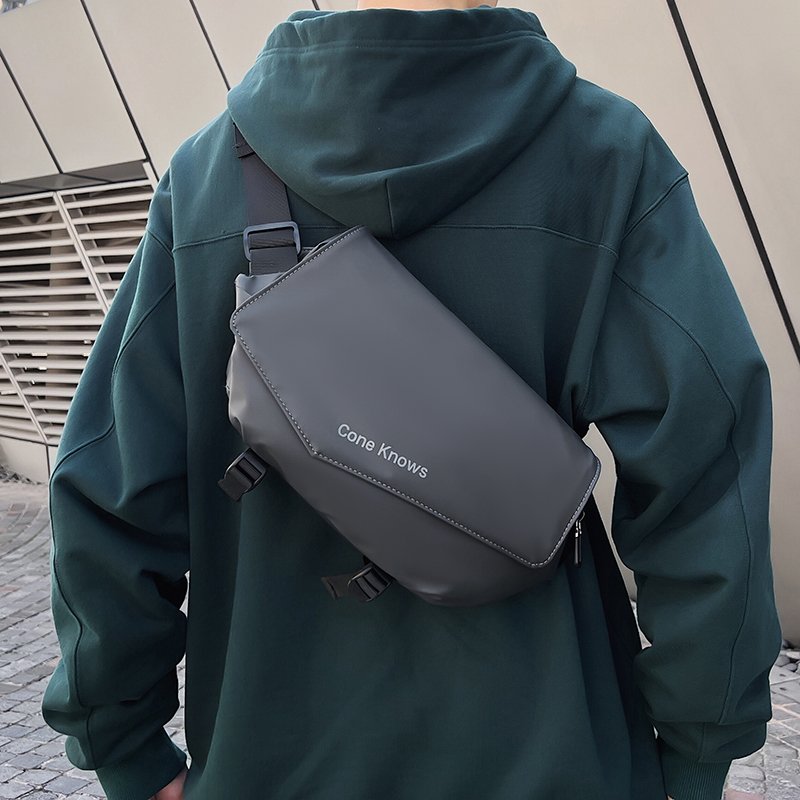 A man with a slop bag, a one-shoulder backpack, and a lady with a car for a sports ride