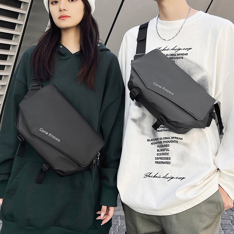 A man with a slop bag, a one-shoulder backpack, and a lady with a car for a sports ride