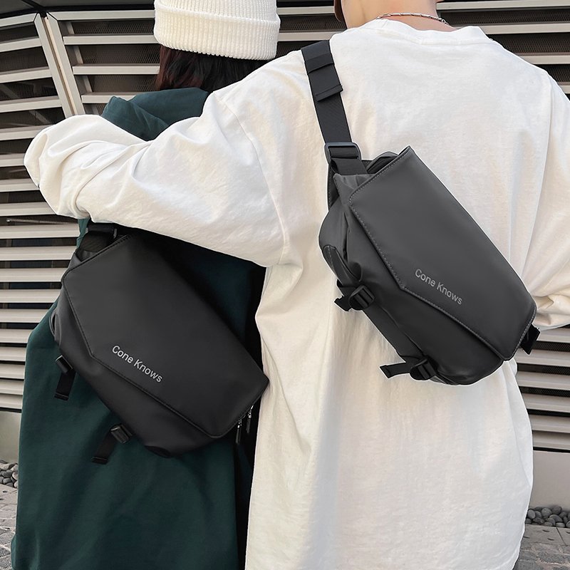 A man with a slop bag, a one-shoulder backpack, and a lady with a car for a sports ride