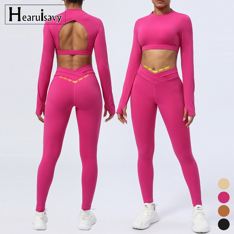 HEARUISAVY 2024 New Naked Feeling Female Workout Clothing Suits Cross Backless Bra Pads Gym Set Outdoor Sports Two-piece Female
