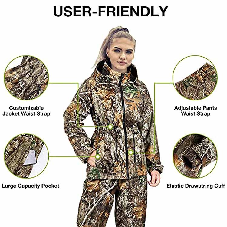 Custom women's standard classic universal waterproof breathable rain suits bionic camouflage bionic tree hunting clothes