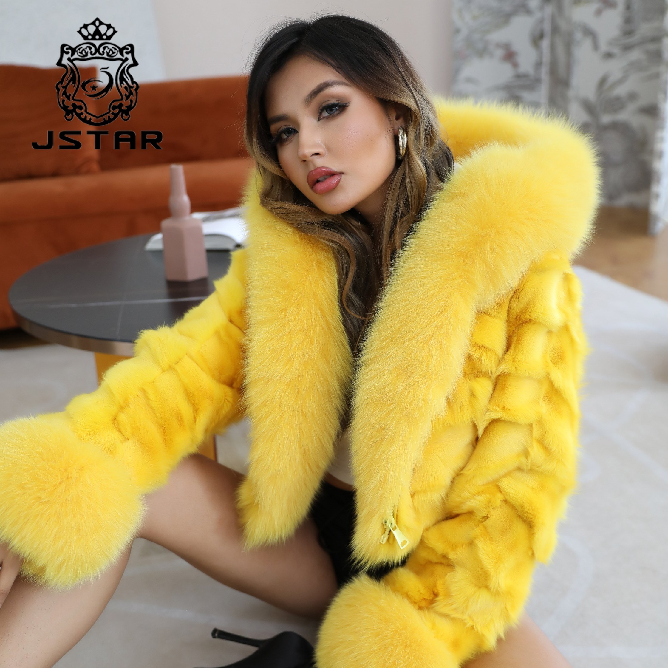 Real fur collar thickened women coat with fur line hood yellow fur coat jacket winter women's clothing