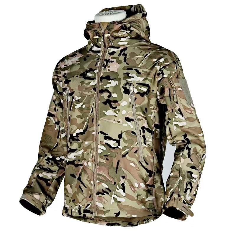 Outdoor tactical fleece hardshell jacket autumn and winter plus fleece windproof riding jacket waterproof hooded hiking suit