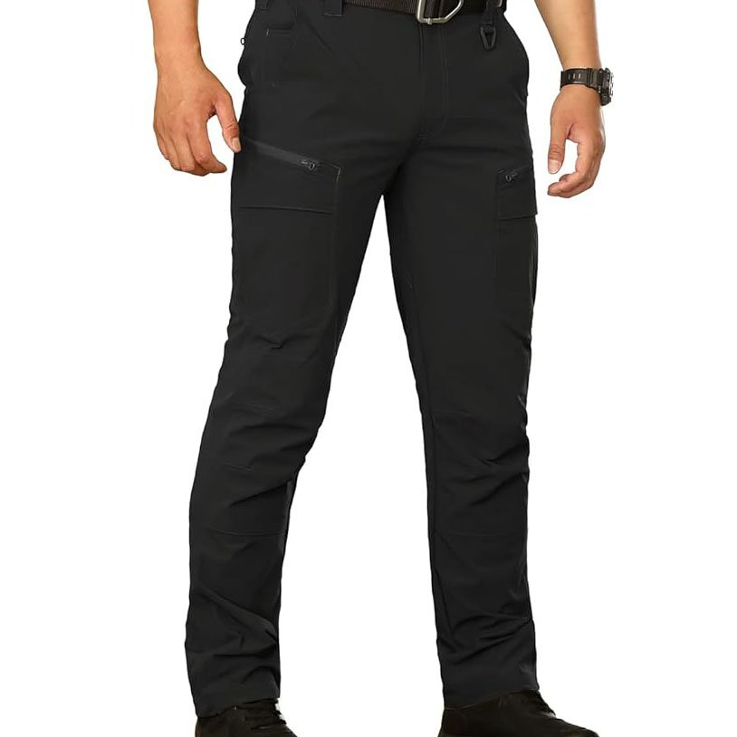 Men's Casual Cargo Linen Trousers Mid-Waist Khaki Formal Jeans with Flat Front Style