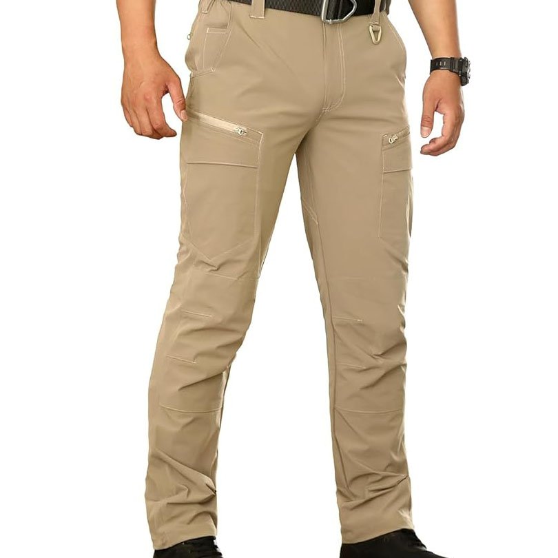 Men's Casual Cargo Linen Trousers Mid-Waist Khaki Formal Jeans with Flat Front Style