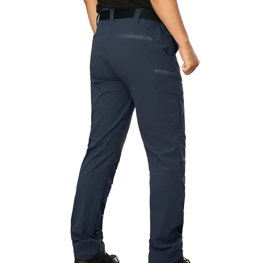 Men's Casual Cargo Linen Trousers Mid-Waist Khaki Formal Jeans with Flat Front Style
