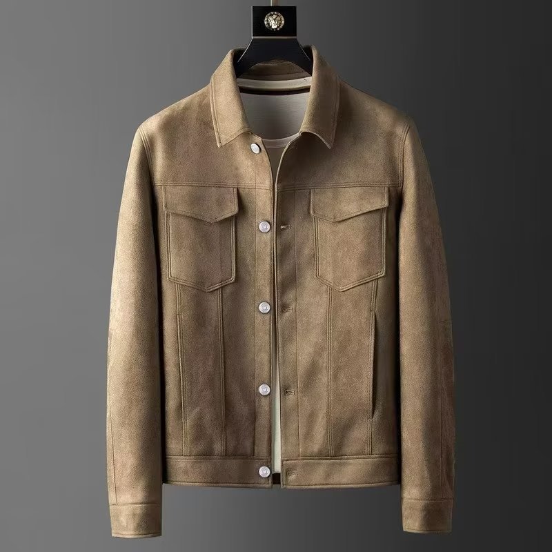 Men Faux Suede Leather Jacket Coat Button Trucker Tops Casual Classic Retro top coat