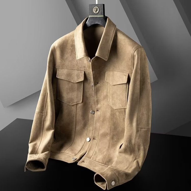Men Faux Suede Leather Jacket Coat Button Trucker Tops Casual Classic Retro top coat