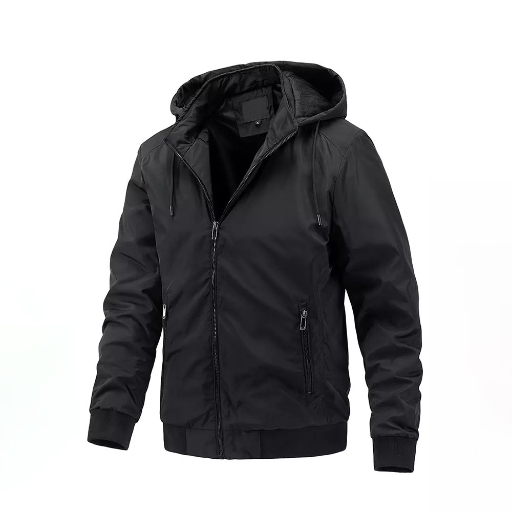 Custom Winter Print Logo Design Windbreaker Drawstring Outdoor High Quality Polyester Blend Mens Zipper Pocket Hiking Jacket
