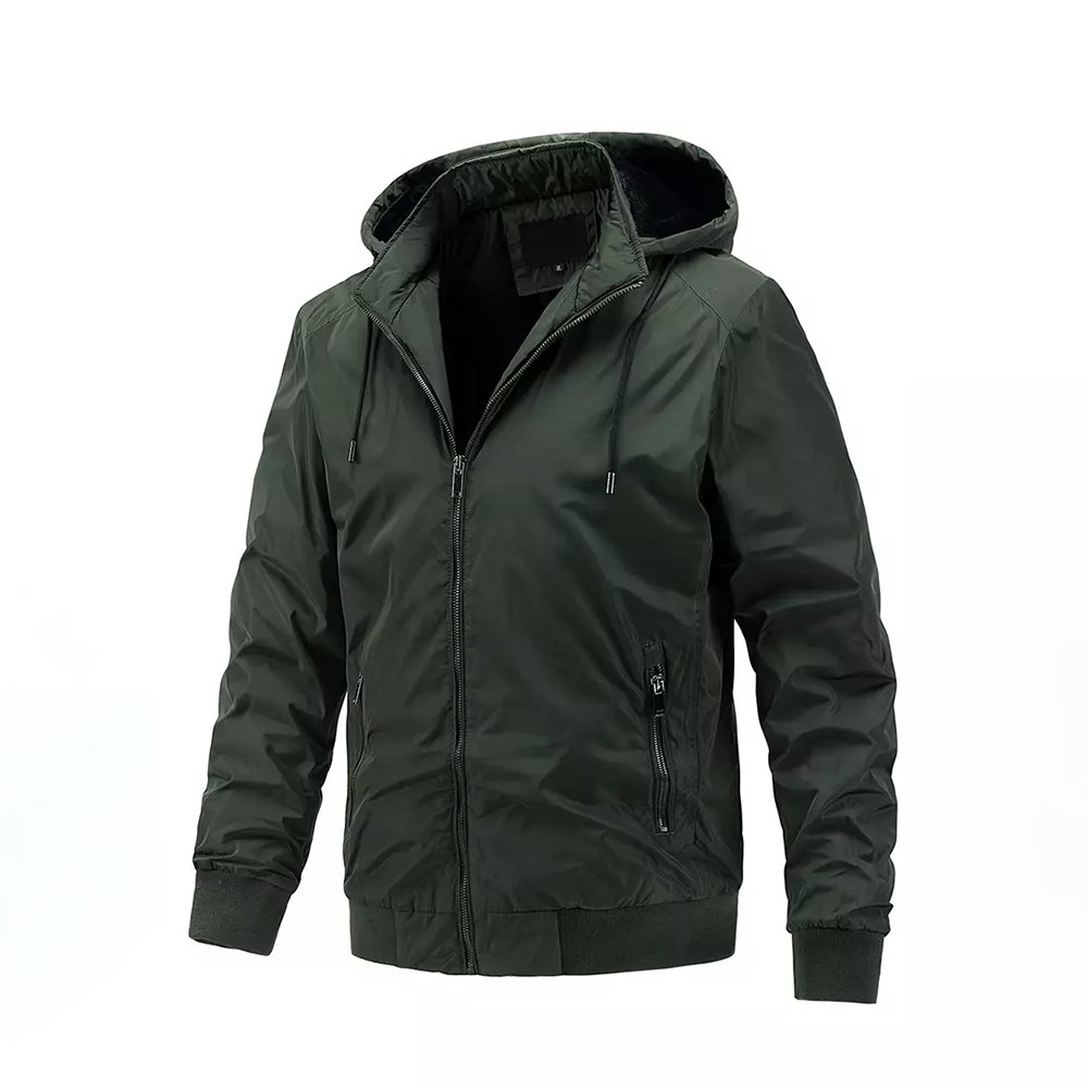 Custom Winter Print Logo Design Windbreaker Drawstring Outdoor High Quality Polyester Blend Mens Zipper Pocket Hiking Jacket