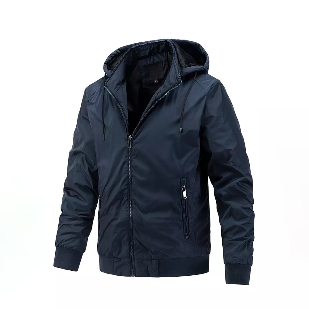 Custom Winter Print Logo Design Windbreaker Drawstring Outdoor High Quality Polyester Blend Mens Zipper Pocket Hiking Jacket